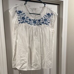 White and Blue Embroidered Women's Top